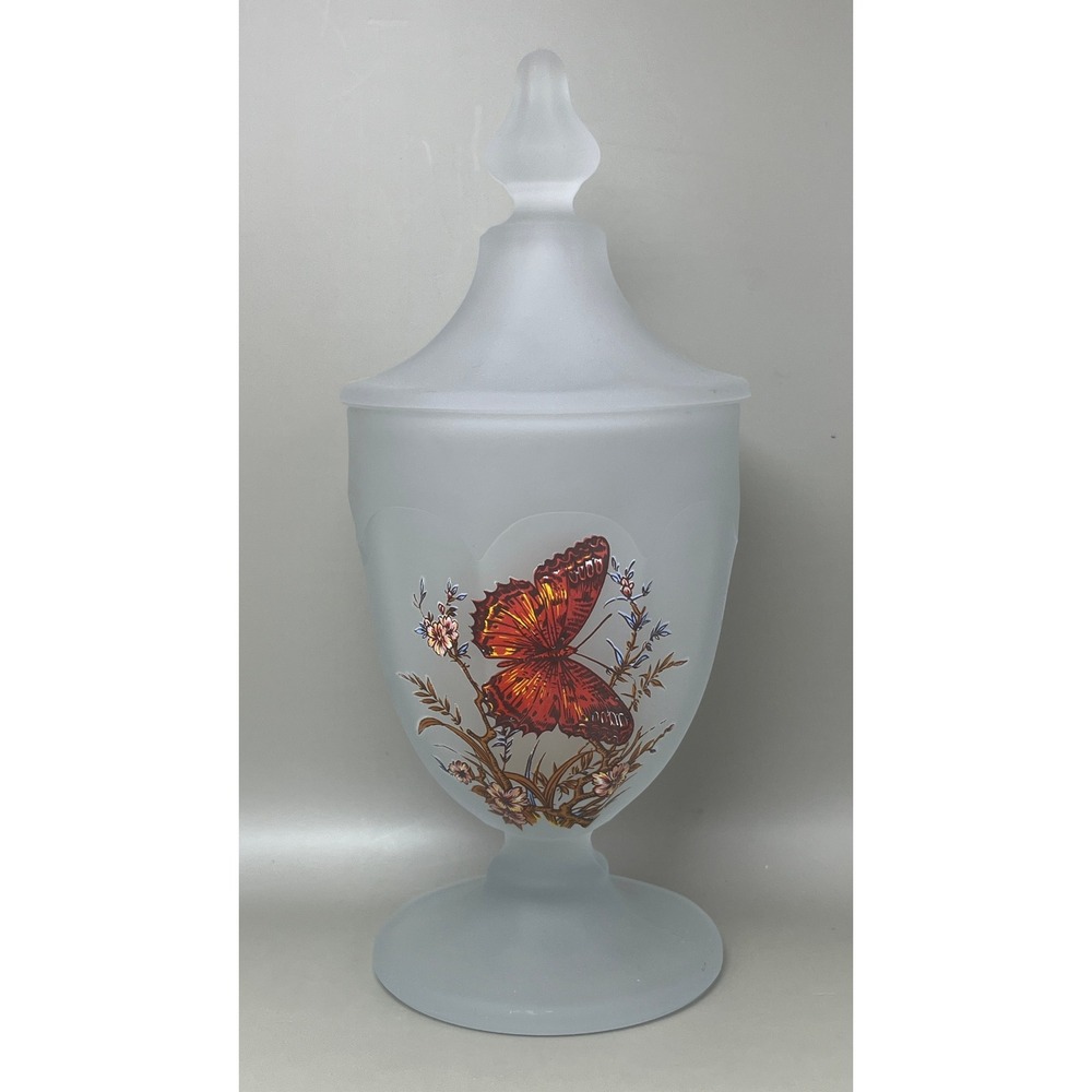 Satin Frosted Westmoreland Glass Butterfly Apothecary Jar Lidded Pedestal 8"